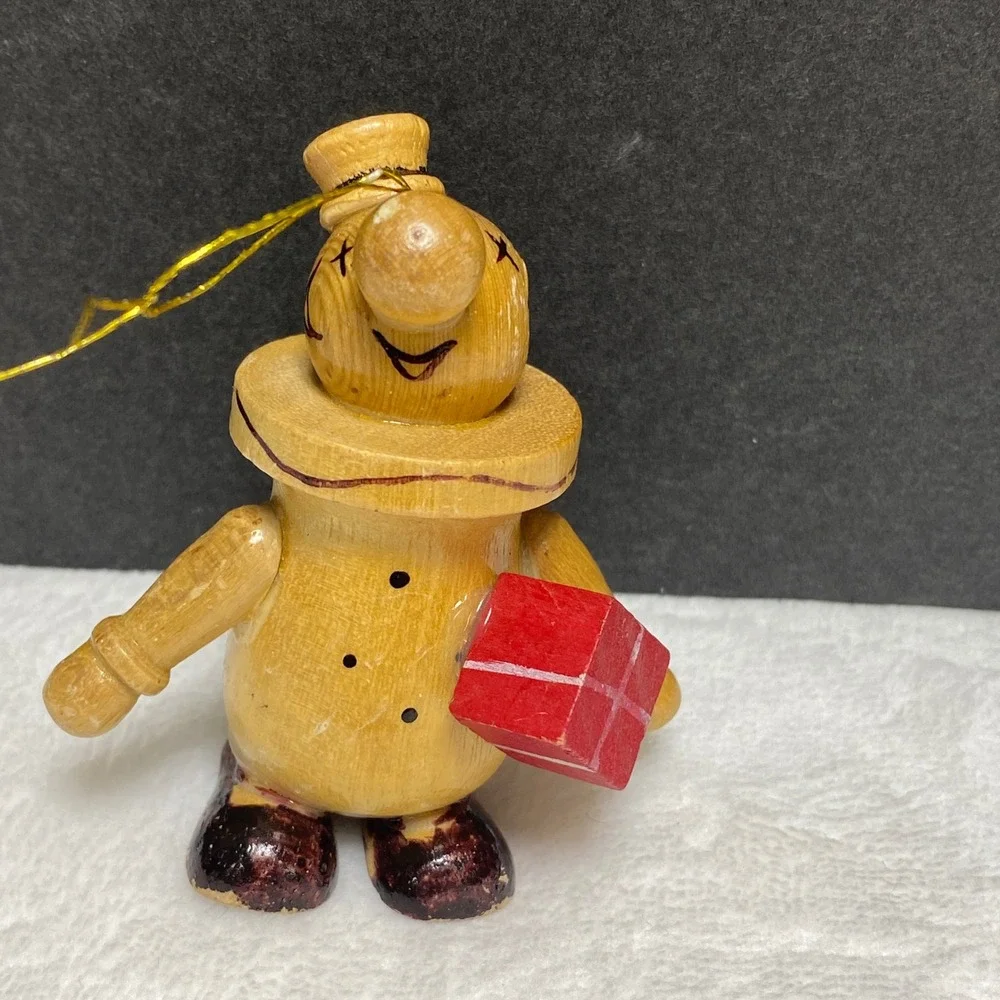 VTG Wooden Christmas‎ Clown Ornament Figure with Red Gift Taiwan